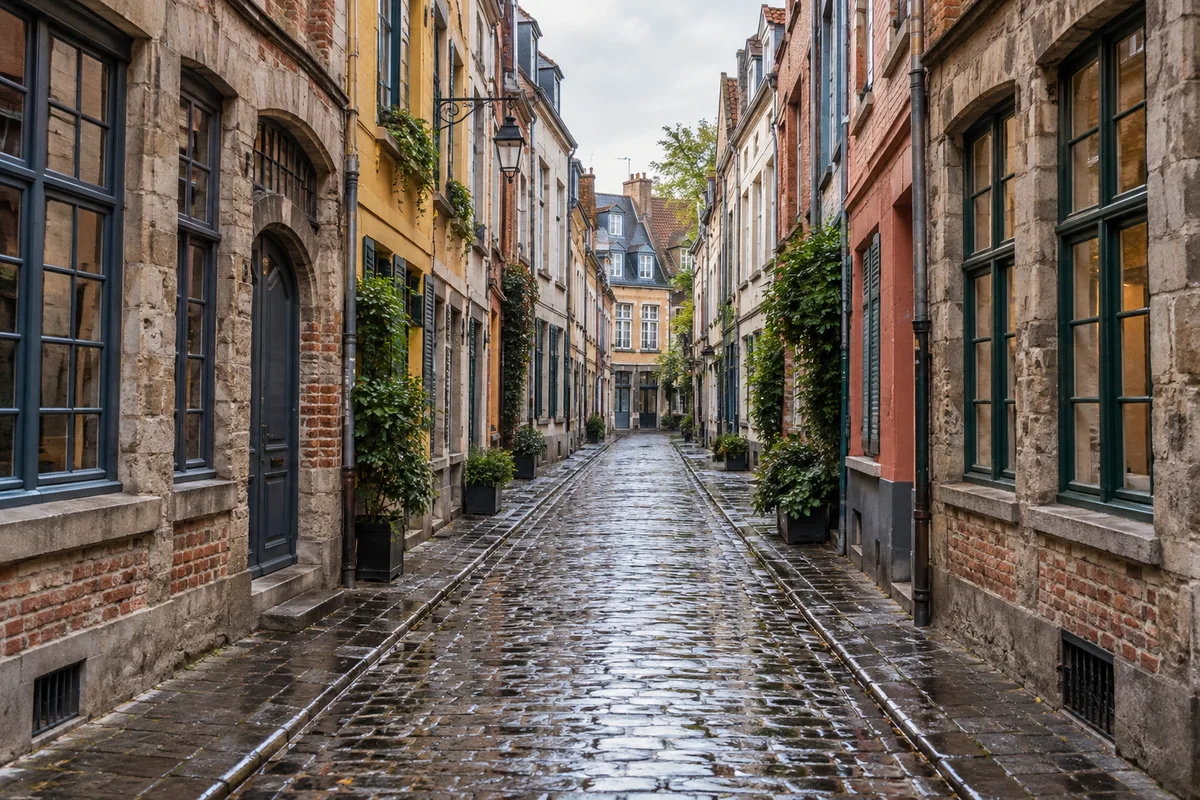 Rue pavée du Vieux-Lille bordée de façades colorées à fenêtres à petits carreaux