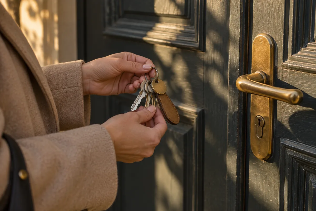 Mains tenant un trousseau de clés devant une porte d&rsquo;entrée en bois peint