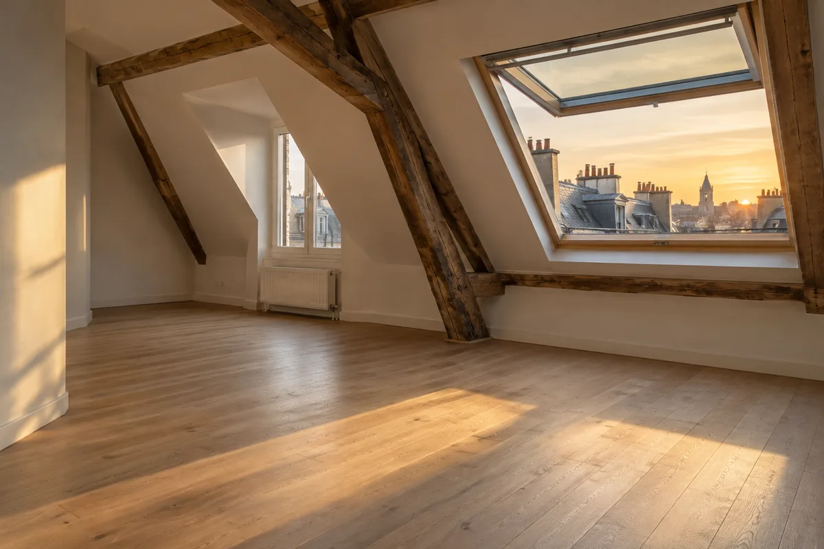 Appartement vide sous les toits avec poutres apparentes et lucarne ouverte