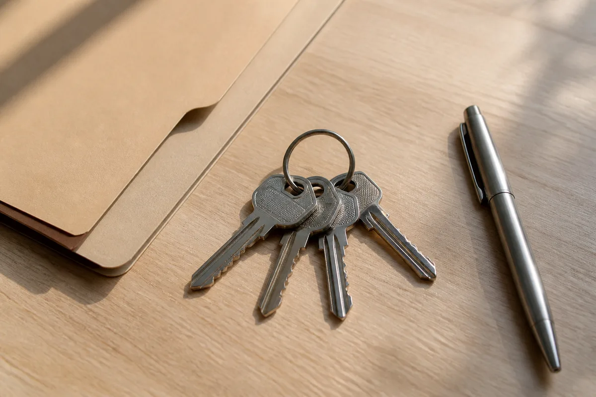 Trousseau de clés et document de location posés sur un plan de travail en bois clair