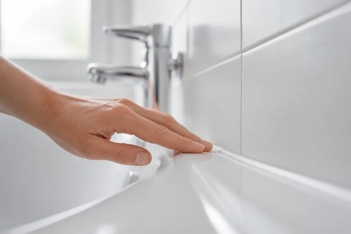 Détail d’un joint de faïence et d’une robinetterie inspectés dans une salle de bains lumineuse