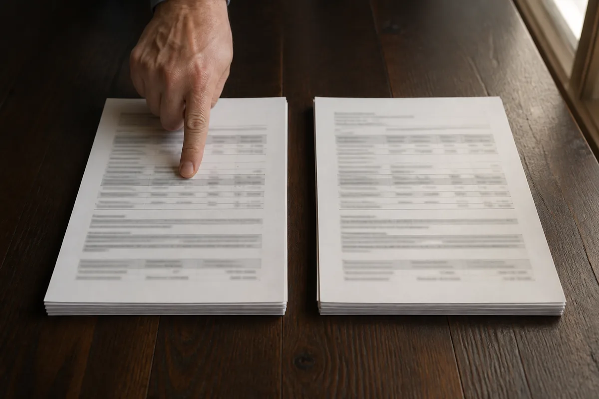Deux jeux de documents comparés côte à côte sur une table près d’une fenêtre