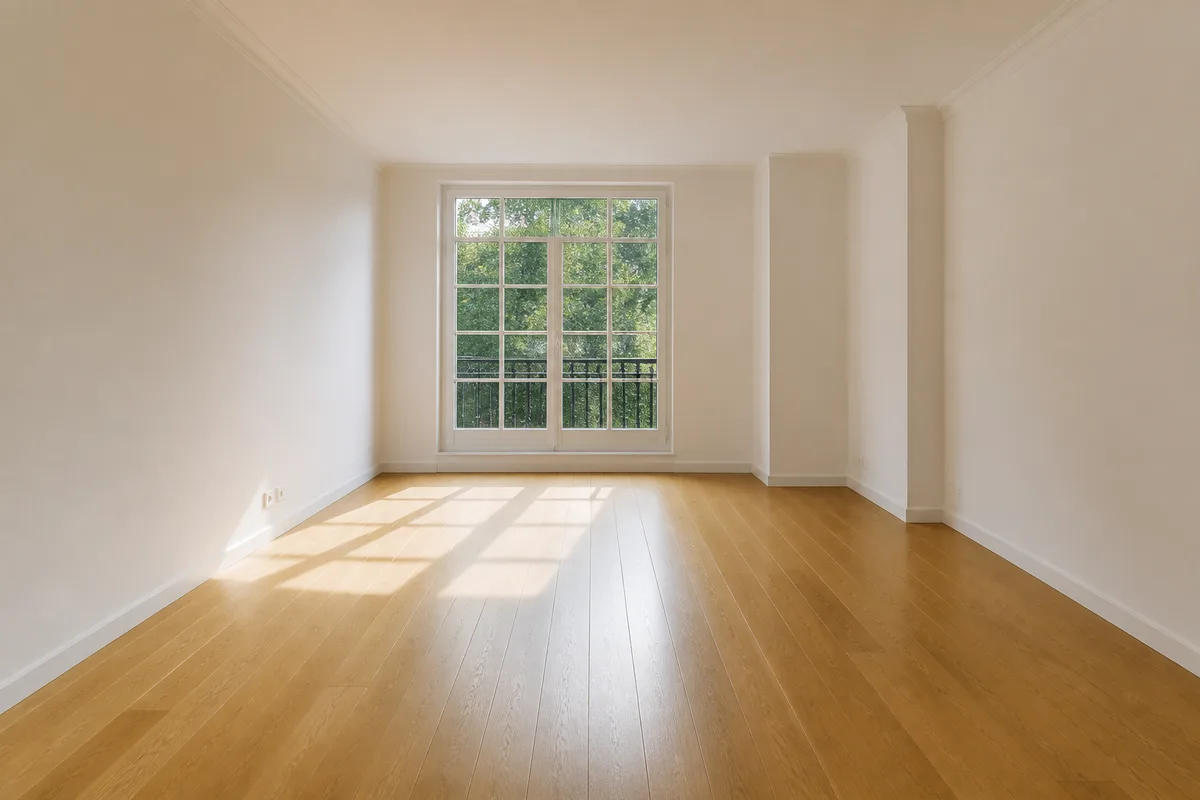 Salon vide et propre avant remise des clés, lumière naturelle rasante sur un parquet clair
