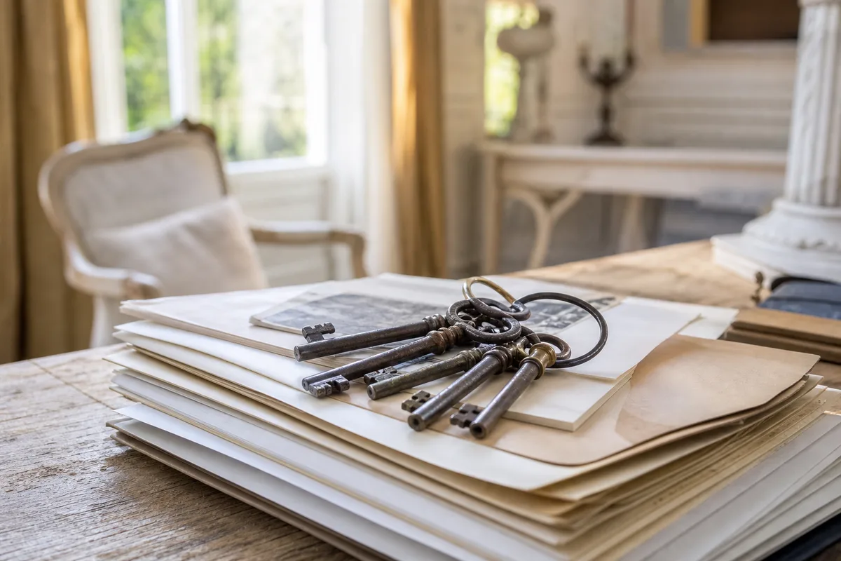 Clés et documents de succession d’une maison familiale posés sur une table