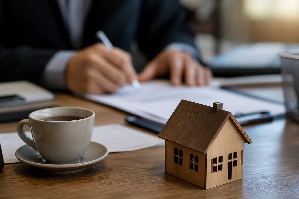Préparation d’une donation immobilière chez le notaire, documents et maquette de maison