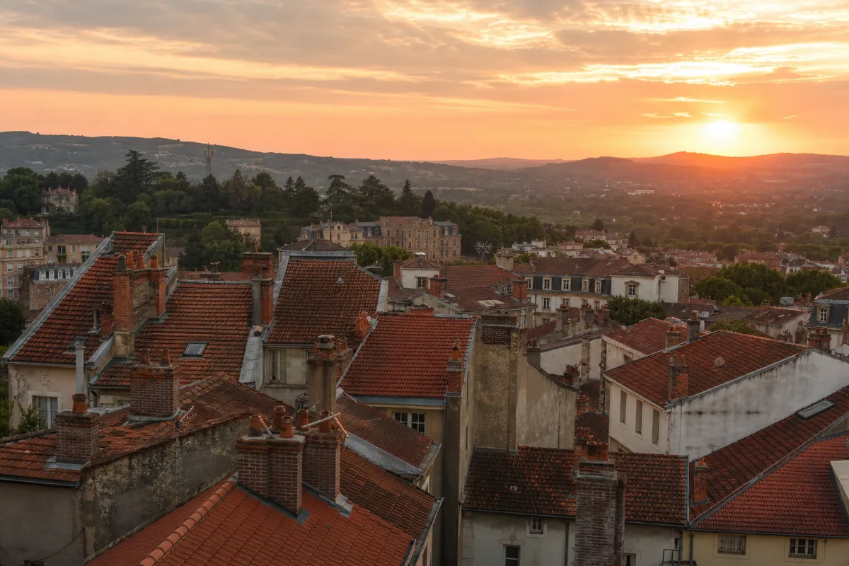 Vue sur les toits et collines de Saint-Étienne au soleil couchant