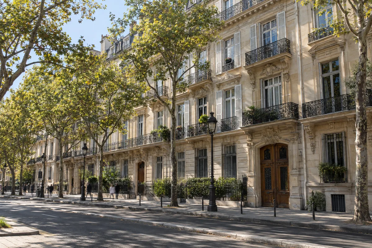 Façades d&rsquo;immeubles anciens alignées le long d&rsquo;un boulevard parisien