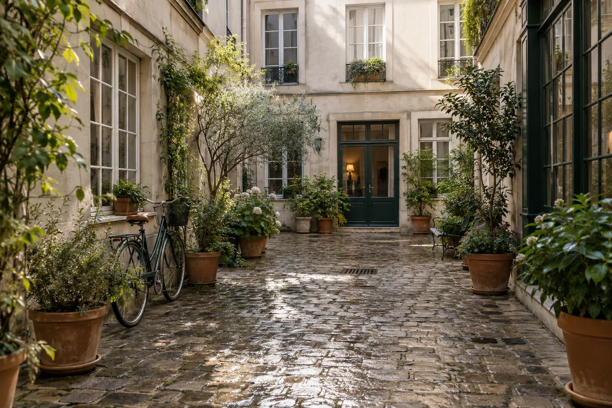 Cour intérieure pavée d&rsquo;un immeuble de rapport, lumière du matin
