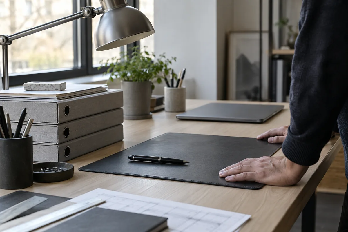 Bureau d&rsquo;étude sobre avec classeurs fermés et stylo posé sur un sous-main