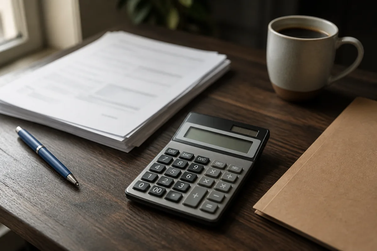 Bureau avec factures, calculatrice et documents comptables d’un bailleur