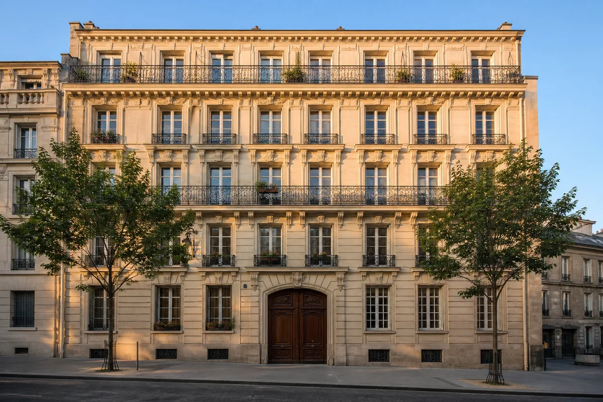 Immeuble résidentiel en pierre vu depuis la rue en fin de journée