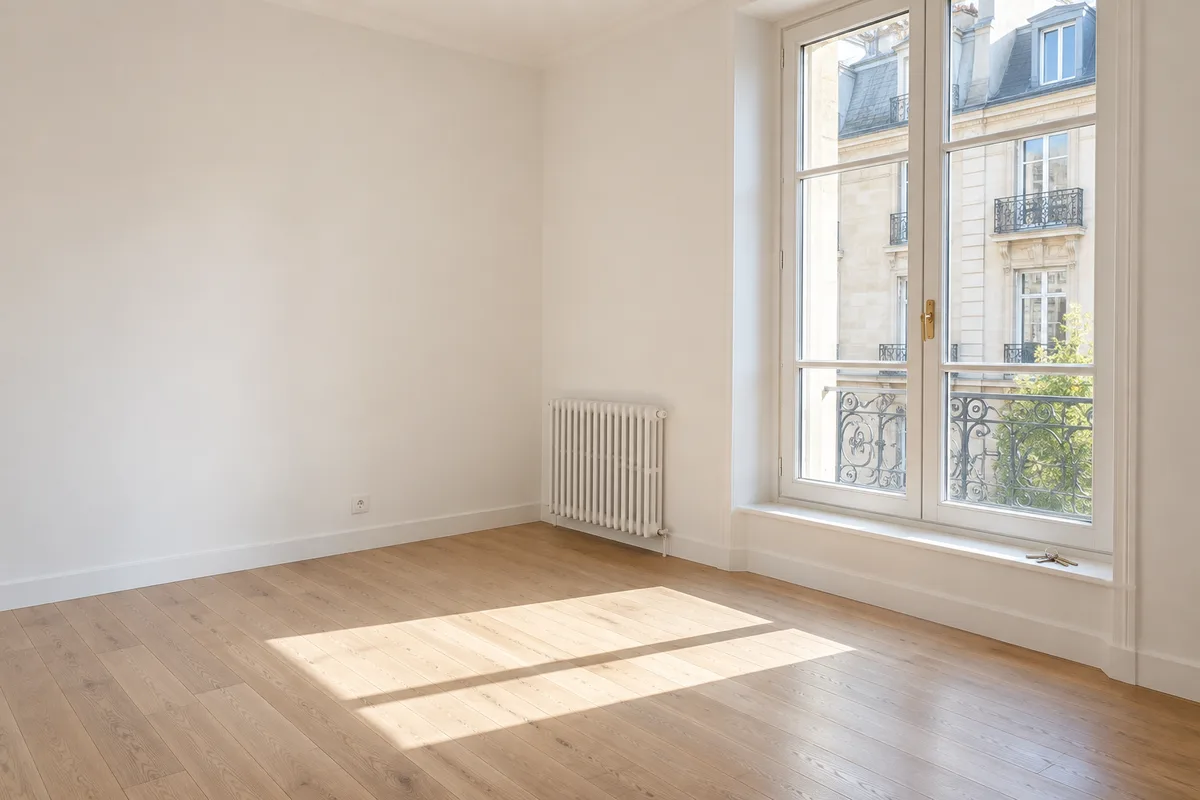 Séjour d&rsquo;un appartement vide prêt à louer, parquet clair et grande fenêtre