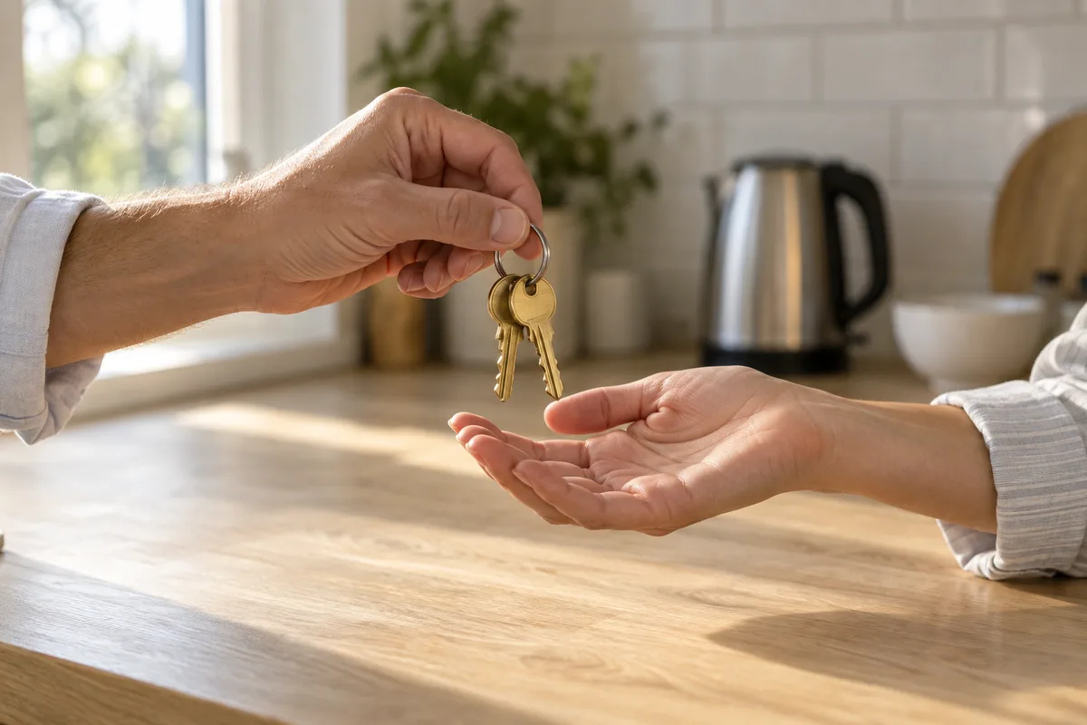 Mains tenant un porte-clés au-dessus d&rsquo;un plan de travail lors d&rsquo;une remise de clés