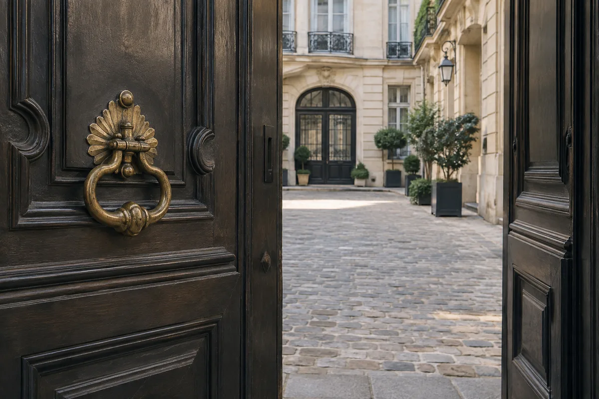 Porte cochère haussmannienne entrouverte sur une cour pavée