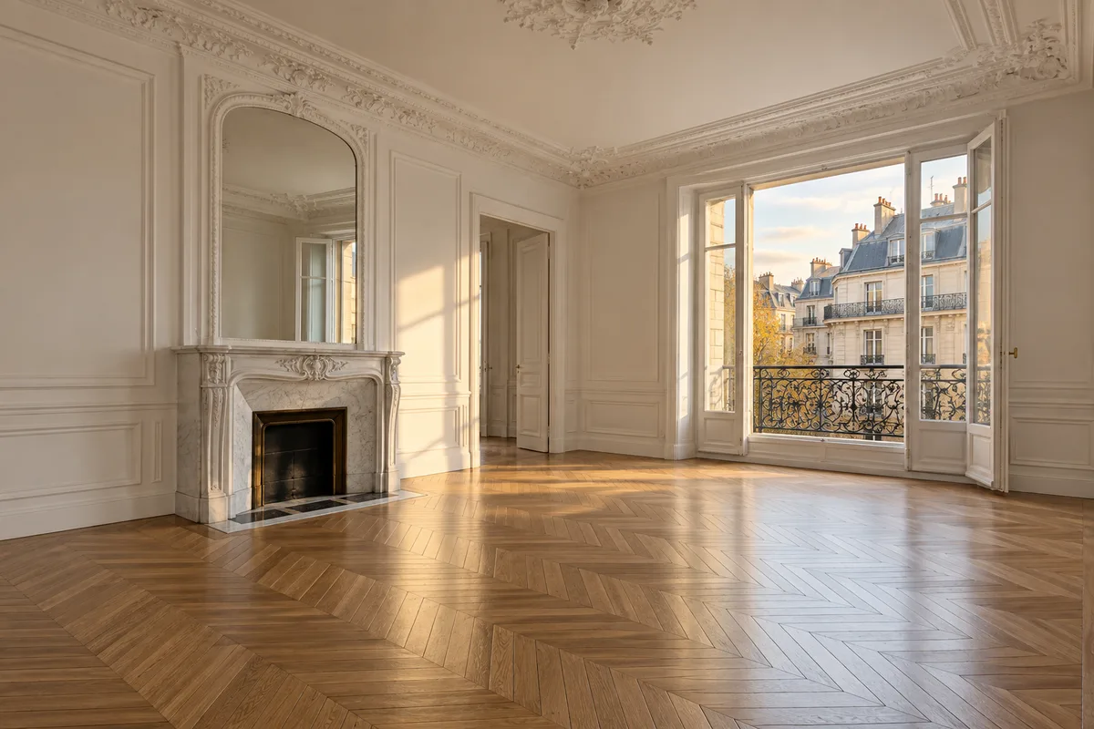 Salon parisien vide avec moulures, parquet en chevrons et cheminée en marbre