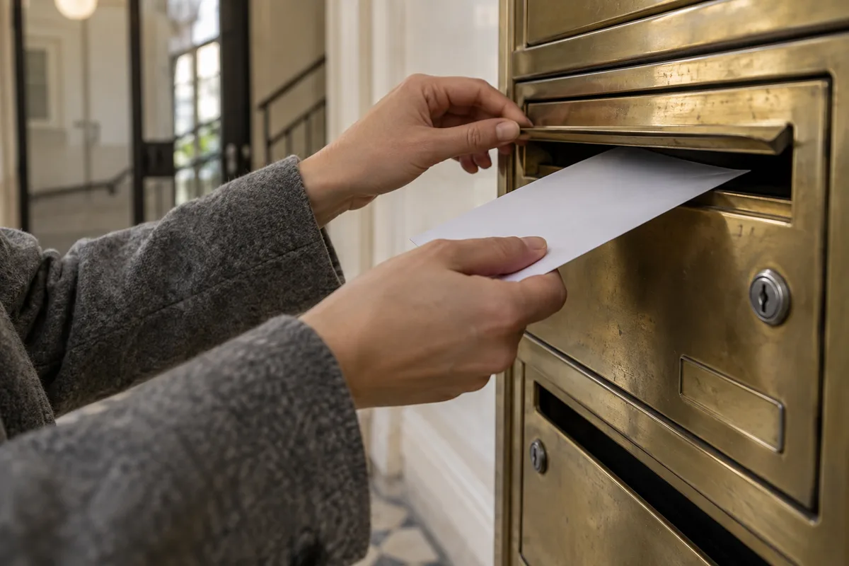 Mains glissant une enveloppe dans la boîte aux lettres en laiton d’un hall d’immeuble