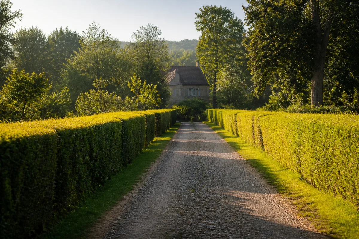 Chemin d’accès privé bordé de haies menant à une maison de campagne