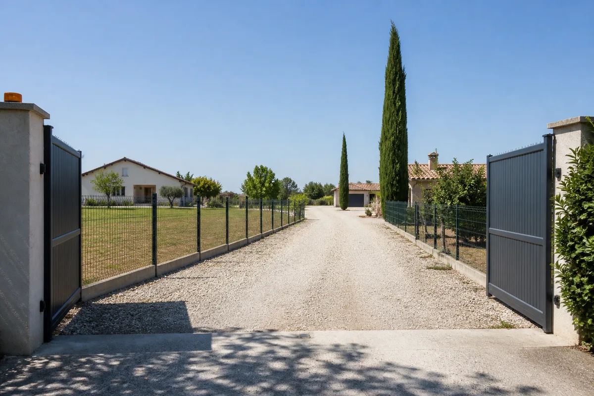 Portail ouvert sur une allée gravillonnée partagée entre deux propriétés