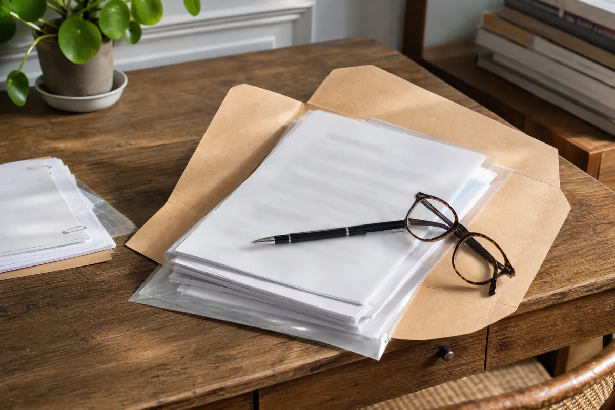 Documents administratifs et dossier de vente immobilière posés sur une table en bois
