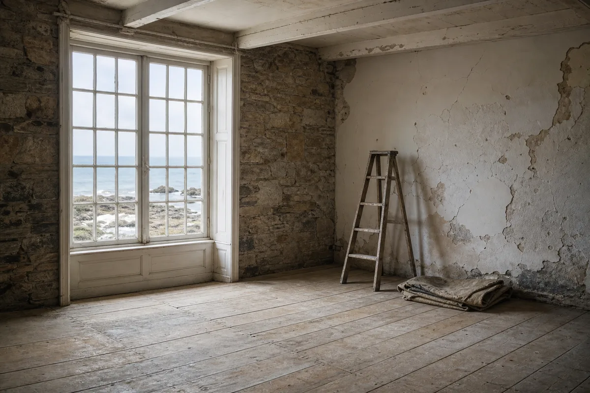 Panneau à vendre devant une maison en pierre bretonne face au littoral atlantique